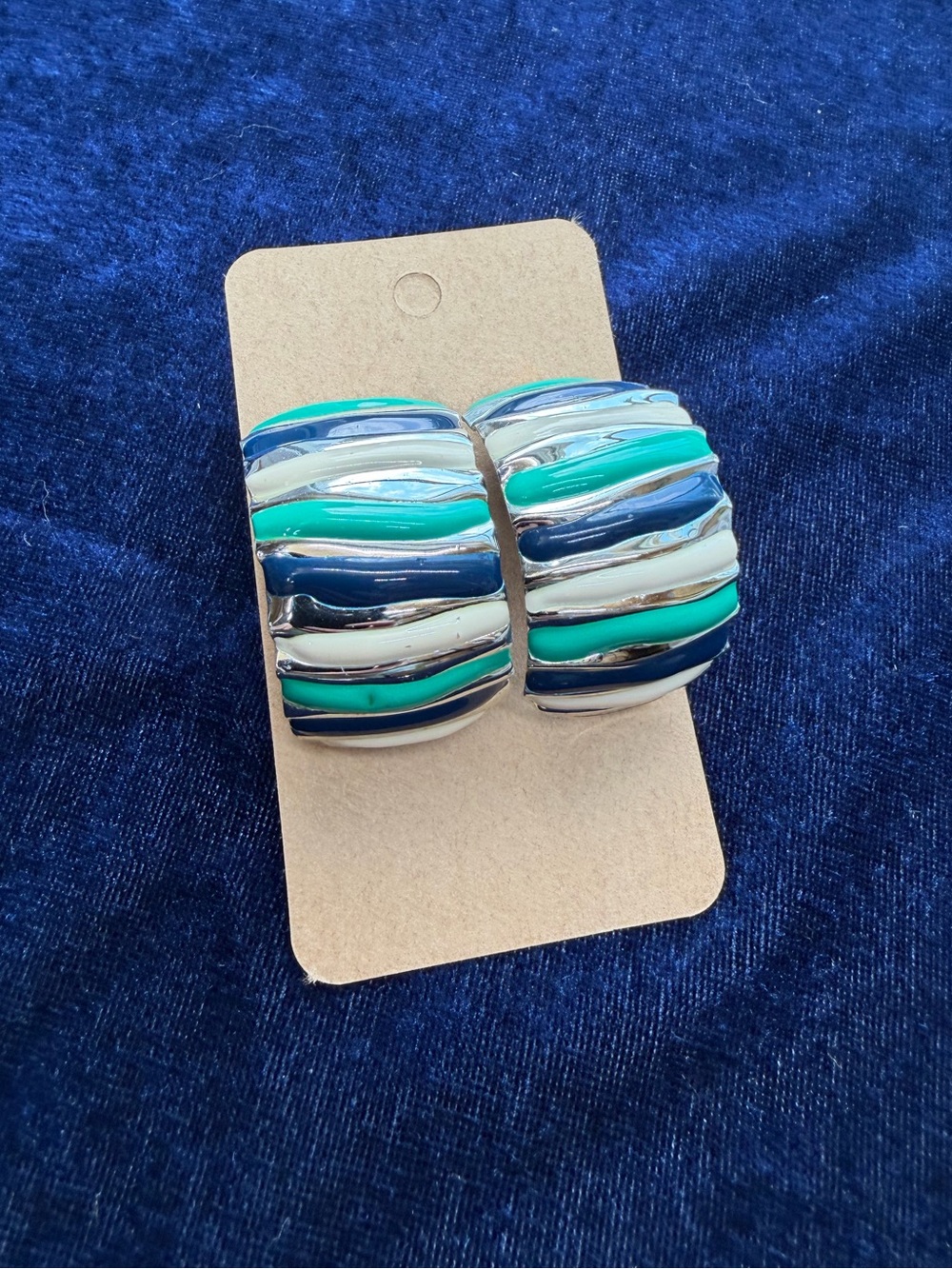 Vintage Chunky Crescent Hoop Silver, Blue, White, and turquoise Enamel Earrings